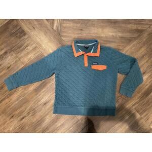 Patagonia Organic Cotton Quilted Pullover sweatshirt Blue & Orange Sz Lg EUC